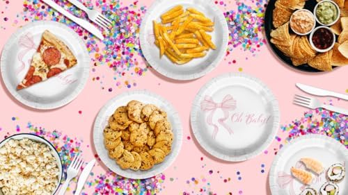 Birthday Galore Pink Bows Oh Baby Baby Shower - 32 Piece Disposable Party Supplies - Girl's Baby Shower Decorations - Round Party Plates - Large 9" Paper Plates In Bulk - Image 7