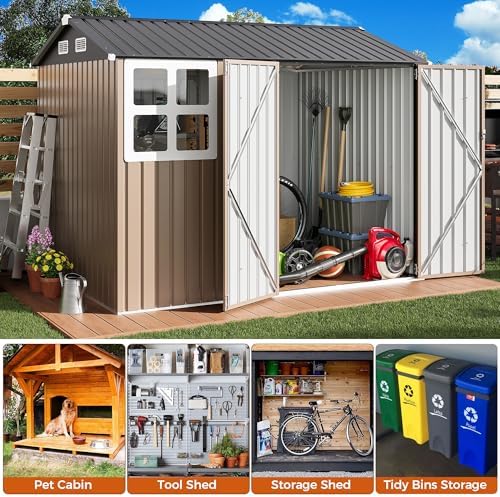 IRONCK 8x6FT Outdoor Storage Shed with Clear Window, Outdoor Shed, Brown - Image 4
