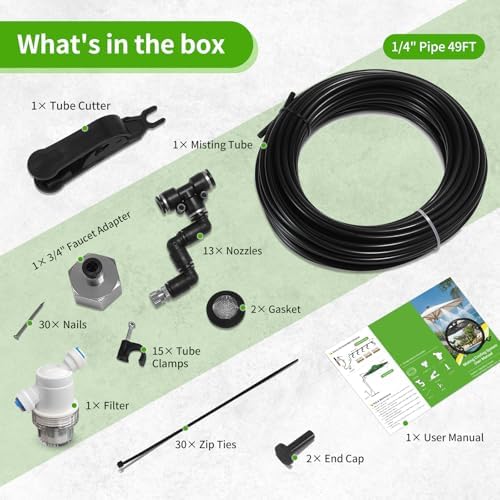 Outdoor Misting Cooling System,49FT (15M) Misting Line + 3/4” Threaded Adapter + 13 Adjustable 360° Nozzles, Garden, Greenhouse, Misters for Outside Patio - Image 6