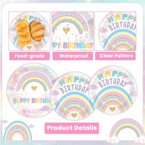 96PCS Boho Pastel Rainbow Party Paper Plates and Napkins for Rainbow Cloud Theme Party Dessert Cake Plates Disposable Decor Girls Happy Birthday Set for Kids Birthday Gatherings Decorations - Image 3