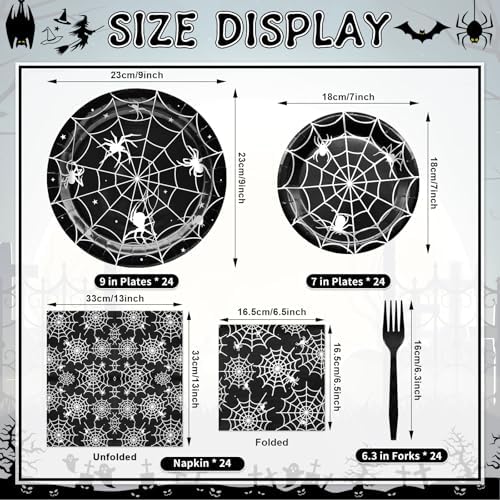 96 Pieces Halloween Spider Web Tableware Set Party Supplies – Disposable Plates, Napkins, and Forks, Black and White Spider Design for Halloween Haunted House Trick or Treat Event, Serves 24 Guests - Image 2