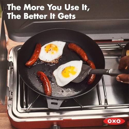 OXO Outdoor Pre-Seasoned Carbon Steel 12" Frying Pan Skillet, Detachable Handle for Easy Storage, Indoor Use, Nonstick with Use, Induction Suitable,Oven & Broiler Safe,Browning, Grill,Sear,Saute,Black - Image 6
