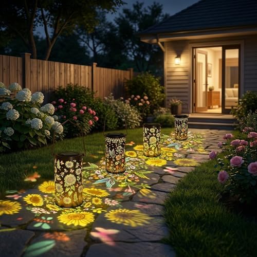 2 Pack Colorful Solar Lanterns Outdoor Waterproof, Garden Decor Gifts for Women Mom Grandma - LED Sunflower and Hummingbird Solar Powered Lights Metal Hanging Lantern for Outside Garden Patio Yard - Image 3