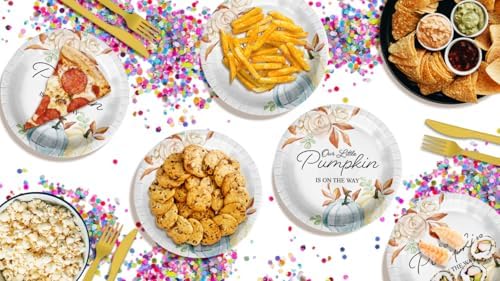 Birthday Galore Little Pumpkin On The Way Boy Baby Shower - 32 Piece Disposable Party Supplies - Fall Baby Shower Decorations - Round Party Plates - Large 9" Paper Plates In Bulk - Image 4