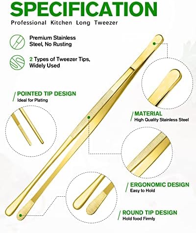 4 Pcs Fine Long Tweezer Tongs Professional Gold, 12'' and 10'' Stainless Steel for Kitchen, Food, Cooking, Repairing, Sea food and BBQ - Image 2