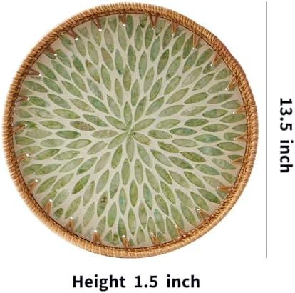 Round Rattan Tray with Mother of Pearl Inlay, Rattan Serving Tray with Wooden Base, Decorative Wicker Basket for Table Decor, Storage and Display of Coffee Bread Food Fruit (Leaf 13.5") - Image 7