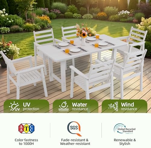 5-Piece Outdoor Dining Set, All-Weather HDPE Patio Furniture, 66.5" Slatted Table with 1.6" Umbrella Hole & 4 Ergonomic Armchairs, Heavy Duty 350lbs Capacity, UV Resistant, White - Image 4