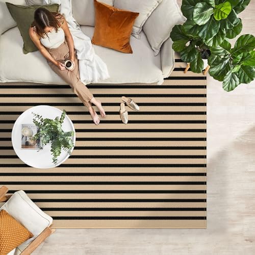IOHOUZE 4x6 Striped Outdoor Rug, Washable Front Porch, Tan Black - Image 3