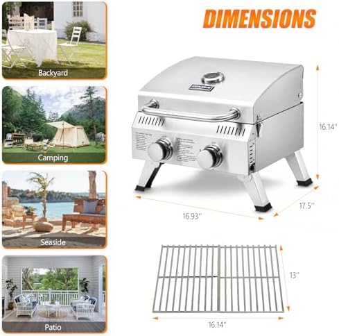 ROVSUN 2 Burner Portable Gas Grill, 20000 BTU Outdoor Tabletop Propane Grill with Ignition, Built-in Thermometer & Full Stainless Steel Body for Patio Garden Backyard Camping BBQ Picnic - Image 6