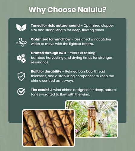 Nalulu Rustic Bamboo Wind Chimes - Outside Outdoor Wooden Windchimes, Large, Floral Burned Design with Coconut Crown, Handcrafted with Calming Deep Tones, Home Decor, Ideal Gift for Him & Her - Image 4