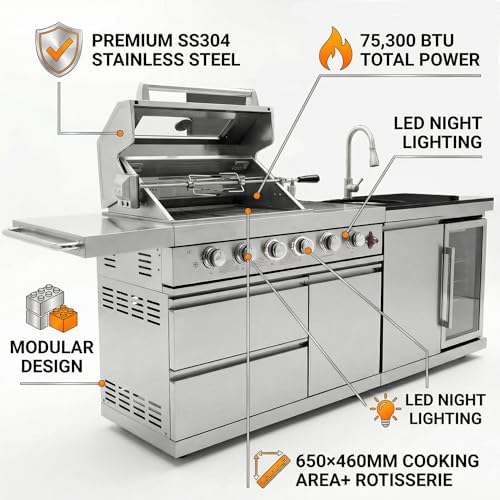 84" Outdoor Kitchen Island with 6-Burner Propane/Natural Gas Grill, Deluxe SS304 Stainless Steel BBQ Grill Station with Sink, Beverage Refrigerator, Granite Countertop & Rotisserie Kit, 75,300 BTU - Image 4