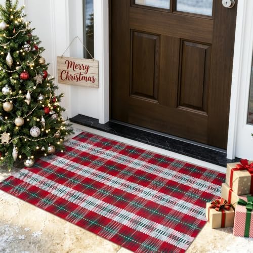 OJIA Christmas Front Door Mat Outdoor 27.5"x43" Red Green Plaid Porch Rug - Image 7