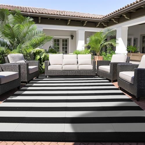 Outdoor Rug 8 x10 ft, Plastic Rug for Patio, Black & White by OutdoorFurnitureCushion