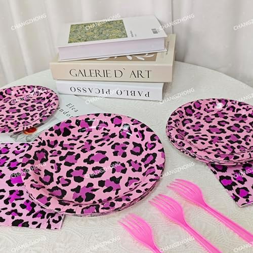 50Pcs Pink Leopard Print Party Supplies,Leopard Plates And Napkins Set - Image 4