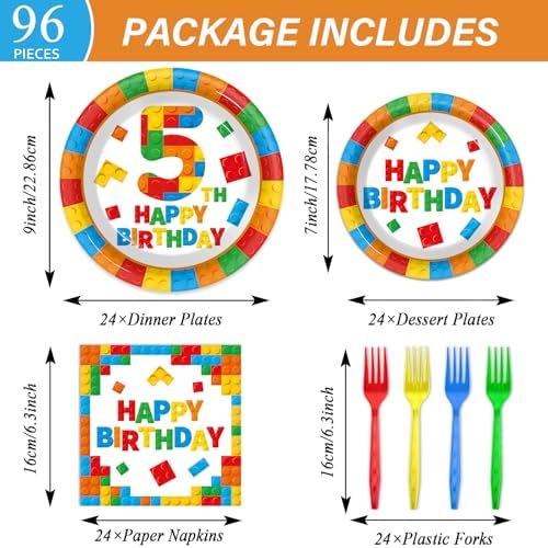 96 Pcs Building Blocks 5th Birthday Paper Plates and Napkins Building Bricks 5th Happy Birthday Tableware Set Brick Theme Party Disposable Plates Set for Boys Kids 5 Years Old Party Decorations - Image 2