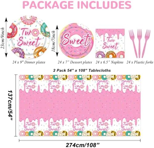 ZOIIWA 98 Pieces Two Sweet Donut Birthday Party Supplies for 24 Guests Girls Donut Tableware Set Baby Girl 2nd Birthday Paper Plates Napkins Tablecloth Decorations Table Cover Dinnerware Party Favors - Image 2