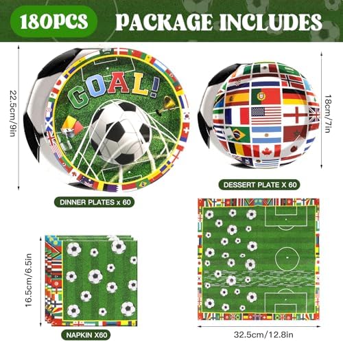 180pcs Soccer Plates and Napkins Party Supplies,Serves 60 - Image 2