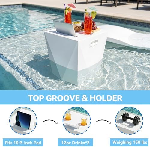 Modern Assemble-Free Outdoor Side Table, Pool Side Table for Inside Pool or on Patio, Lounger Table with 2 Cup Holders * 1 Tablet Holder, White - Image 7