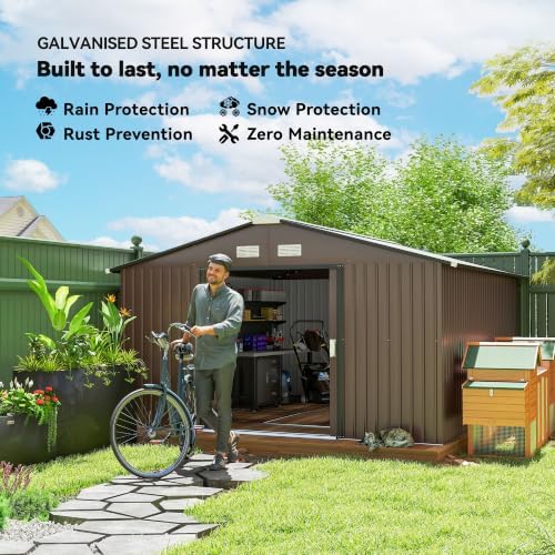 Outsunny 11' x 13' Outdoor Storage Shed, Garden Tool Metal Shed, Brown - Image 3