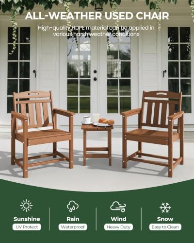 Set of 2 Weatherproof Patio Chairs - HDPE Outdoor Dining Chairs with Wide Seat, Ergonomic Design - for Garden, Backyard, Deck - Teak - Image 4