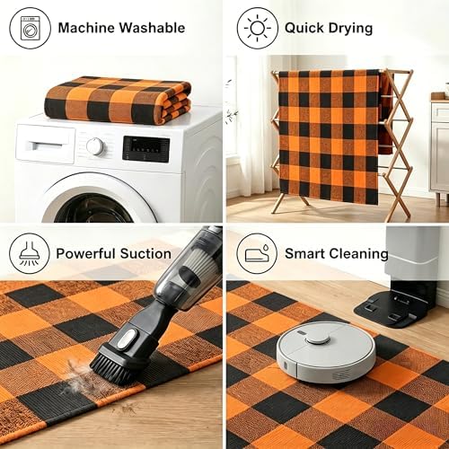 MUBIN Fall Decor Cotton Buffalo Plaid Rug, 27.5x43 Orange Black Outdoor Rug Front Door Decorative Mat, Washable Halloween Doormat Foldable Area Rug Layered Door Mats Rug for Front Porch, Entryway - Image 5