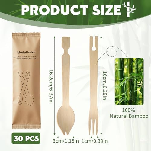 30 Sets Interlocking Bamboo Forks and Spoons, Bamboo Forks Spoons Combo Set, 3 Funtions 60 Pcs Biodegradable Disposable Cutlery for Party Camping and Serving Food - Image 6