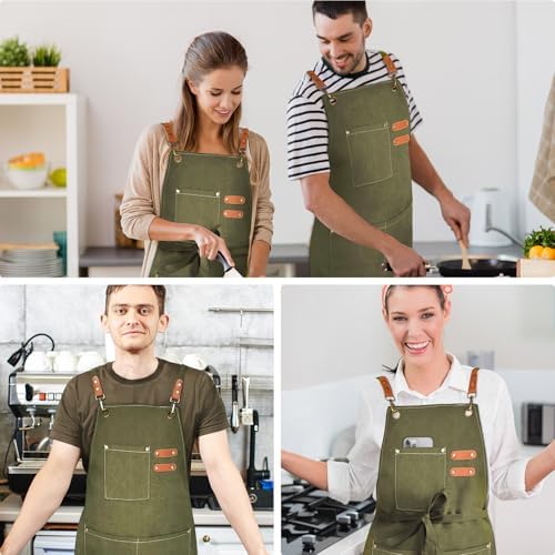 OUNLEN Chef Apron for Men Women Canvas Aprons with 3 Pockets Cross Back Resistant Work Apron for Cooking - Image 6