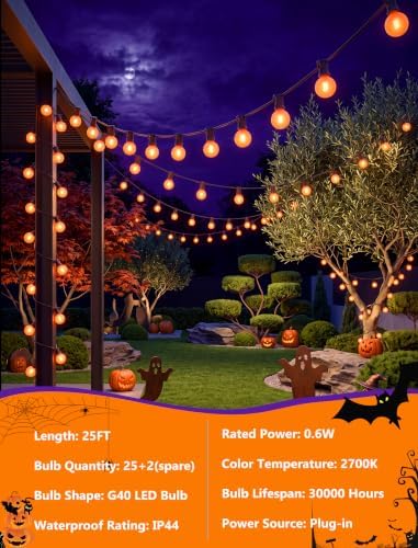 25Ft LED Outdoor Halloween Decorations Lights, 25 G40 Orange Globe Bulbs - Image 3