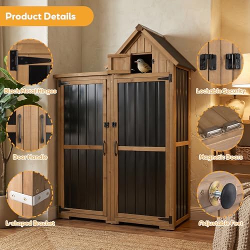PetsCosset Outdoor Storage Cabinet Wood & Metal Garden Shed with Lockable Doors, 3 Adjustable Shelves, Weatherproof Patio Backyard Storage for Tools & Garden Supplies - Image 6