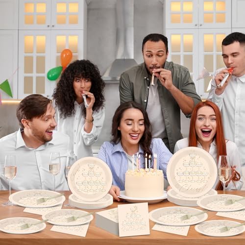 96PCS Champagne Tower Birthday Paper Plates Napkins Bachelorette Party Plates Cheers Champagne Gold Foil Disposable Dinnerware Tableware Sets for Wedding NYE Showers Supplies Decorations - Image 5