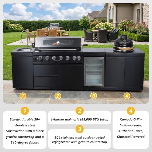 115'' LPG Outdoor Kitchen Island with Grill, 85000 BTU, 6-Burner, Black - Image 6