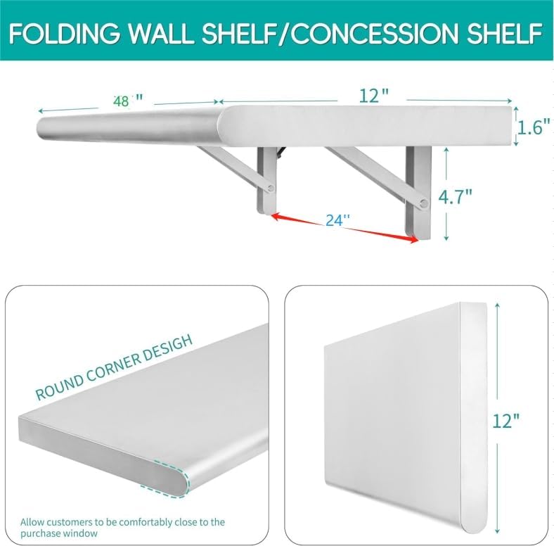 Concession Shelf 48"L x 12"W，22 gauge ASTM 304 Stainless Steel Folding Serving Food Shelves ，Wall Mount Shelving , Stainless Steel Shelf For Food Truck, grill area,BBQ working table, Restaurant .NSF - Image 2