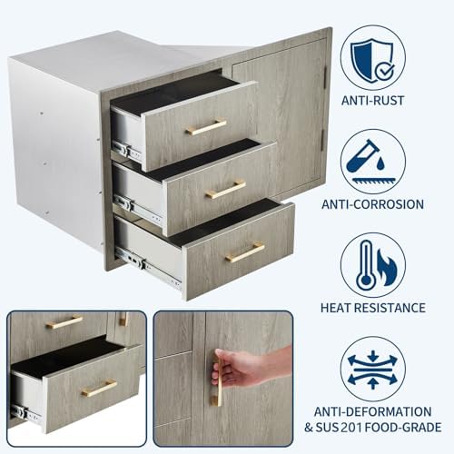 GarveeTech Stainless Steel Outdoor Kitchen Drawer Combo with Access Door, Wood Grain Film, 38.2" W x 20.5" H x 22.6" D, BBQ Island Drawer, Propane Storage, Adjustable Garbage Ring, Flush Mount - Image 6
