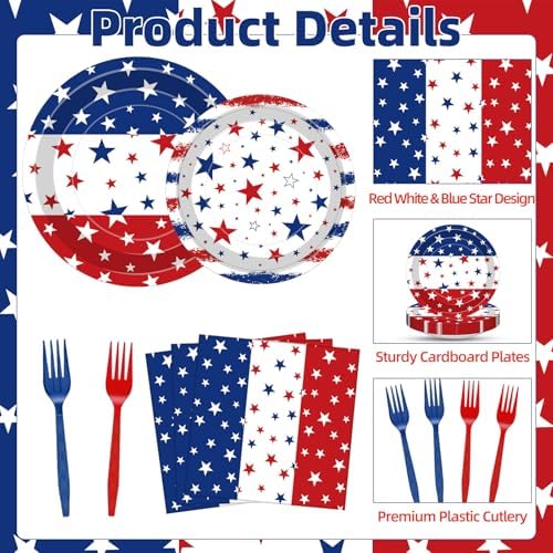 100 Pcs Patriotic Red White Blue Stars Plates Napkins Tableware Decorations - Image 3