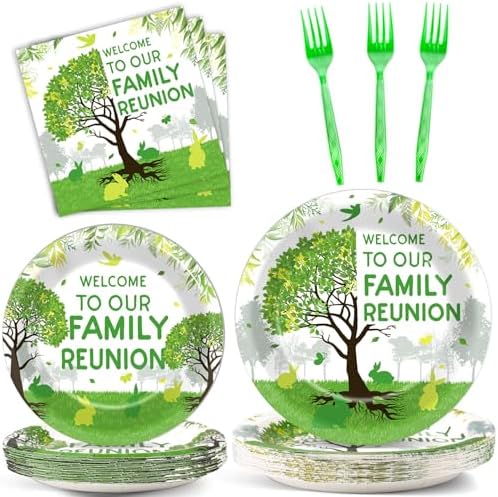 100Pcs Family Reunion Party Decorations Family Tree Reunion Plates Napkins Green Tree Welcome to Our Family Reunion Tableware Set Spring Family Reunion Party Supplies for Family Gathering 25 Guests by OBUSATT