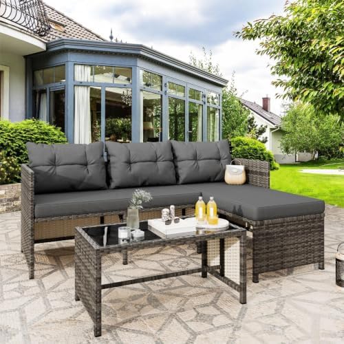Vongrasig 3 Pieces Patio Furniture Sets, All-Weather Wicker Outdoor Sofa Couch Sectional Set, Small Conversation Set for Patio, Garden w/Cushion, Glass Table, (Grey) by Vongrasig