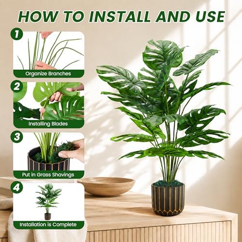 Der Rose 28" Fake Plants, Monstera Plant in Black Gold Pot for Home Decor - Image 4