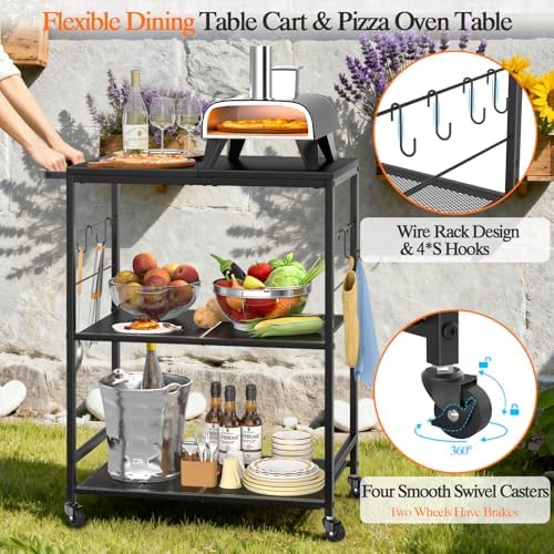 DAOUTIME Grill Cart for Outside, 3-Tier BBQ Food Prep Rolling Table Cart, with 23.62" Lx 15.75" W Rust-Resistant Tabletop, Outdoor Pizza Oven Table Ideal for Patio Backyard Kitchen Tools Room - Image 3