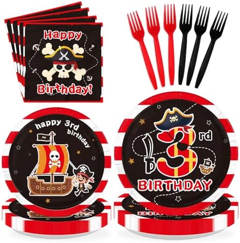 96Pcs Pirate 3rd Birthday Party Decorations for Boys, Serve 24 by Greencian