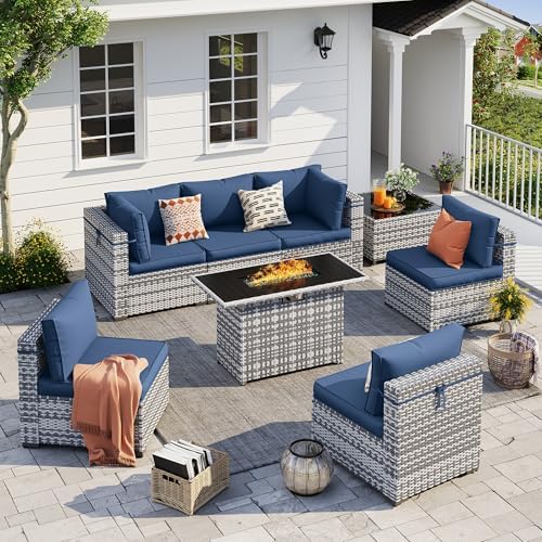 UDPATIO Patio Furniture Set with Fire Pit Table, 8 Pcs Outdoor Sectional Sofa, PE Wicker Patio Conversation Set for Garden, Backyard (Blue Cushions with Grey Rattan) by UDPATIO
