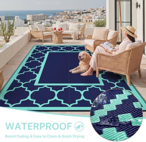GENIMO Outdoor Rug, Waterproof Plastic Rugs for Patio, 9'x12' Blue Green - Image 6