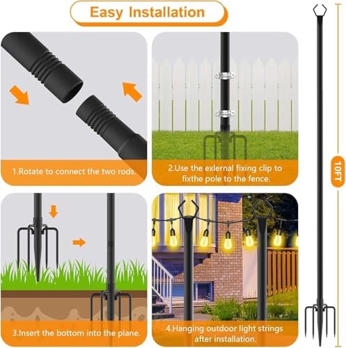 LETIANPAI 10Ft String Light Poles 6 Pack,Light Poles for Outside Lights,Outdoor with Fence Brackets Hanging Lights,Metal Stand Deck Patio Backyard - Image 7