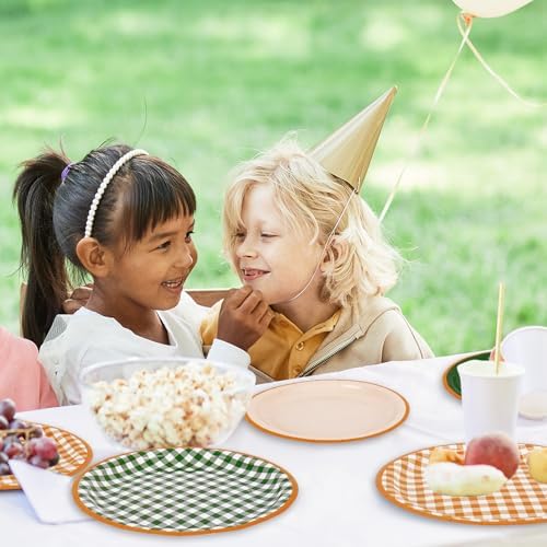 FYSUIMU 96 Pcs Camp Bachelorette Gingham Paper Plates Last Trail Before the Veil Party Decor 7" 9" Disposable Green Orange Checked Dessert Tableware for Summer Fall Wedding Birthday Bridal Shower - Image 5