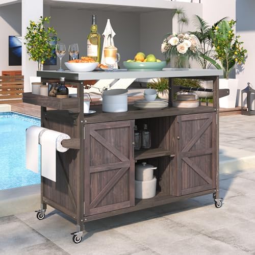 Merax Outdoor Kitchen Island, Rolling Bar Cart & Storage Cabinet, Farmhouse Solid Wood Outdoor Grill Table with Stainless Steel Top, Spice Rack, Towel Rack for Kitchen & Barbecue, Dark Brown - Image 7
