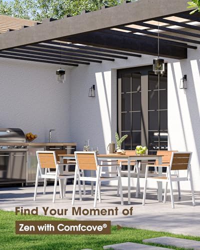 Outdoor Dining Table, Aluminum Patio HDPS Outdooor Table with Umbrella Hole, All Weather Patio Furniture Set, Patio Dining Table (White & Teak) - Image 6
