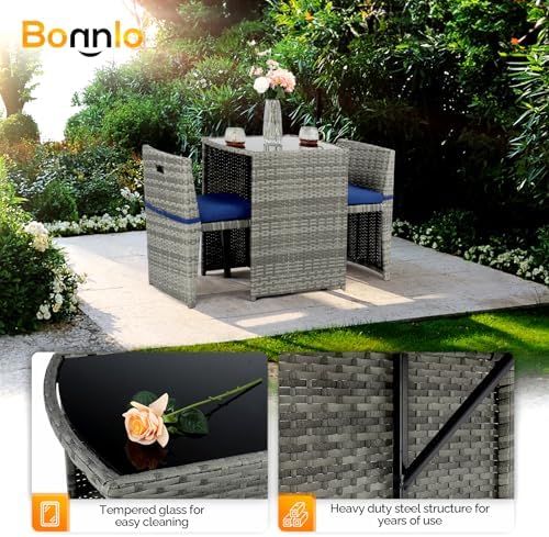 Bonnlo 3 PCS Wicker Outdoor Patio Bistro Set, Patio Furniture Set for Small Space with Glass Top Table Dining Chairs, Balcony Furniture Patio Table and Chairs Set of 2 for Garden Yard Porch (Grey) - Image 4