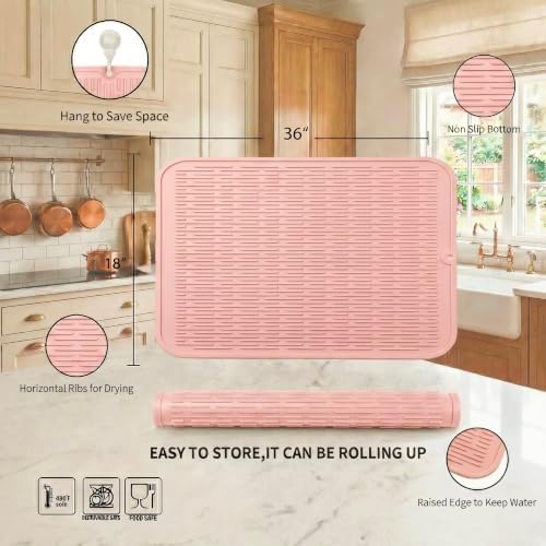 MicoYang Silicone Dish Drying Mat for Multiple Usage,Easy clean,Eco-friendly,Heat-resistant Silicone Mat for Kitchen Counter or Sink,Refrigerator or Drawer Liner Pink 5XL 36inches x 18inches - Image 2