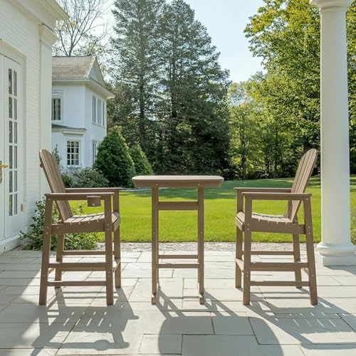 3-Piece HDPE Bar Height Table and Chairs Set, 42.1" Square High Top Pub Table with Umbrella Hole, 2 Adirondack Charis with Cup Holders, Outdoor Patio Dining Set for Bistro Backyard Deck Barnwood - Image 6