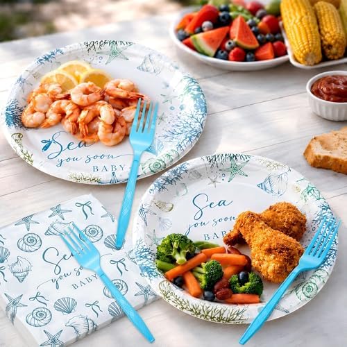 Sea You Soon Baby Shower Party Decorations Under The Sea Party Supplies Ocean Sea Animal Disposable Plates Plates Napkins Fork Seaside Seashell Tableware Set for Summer Birthday Supplies, Serves 25 - Image 5