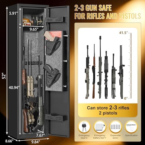 2-3 Gun Safes, Rifle Safe for Home with No Assembly Needed, Gun Safe for Rifles with Quick Access, Gun Cabinets with Mute Mode, Rifle Gun Safe with Removable Shelf, 52”H Gun Safe Rifle - Image 2